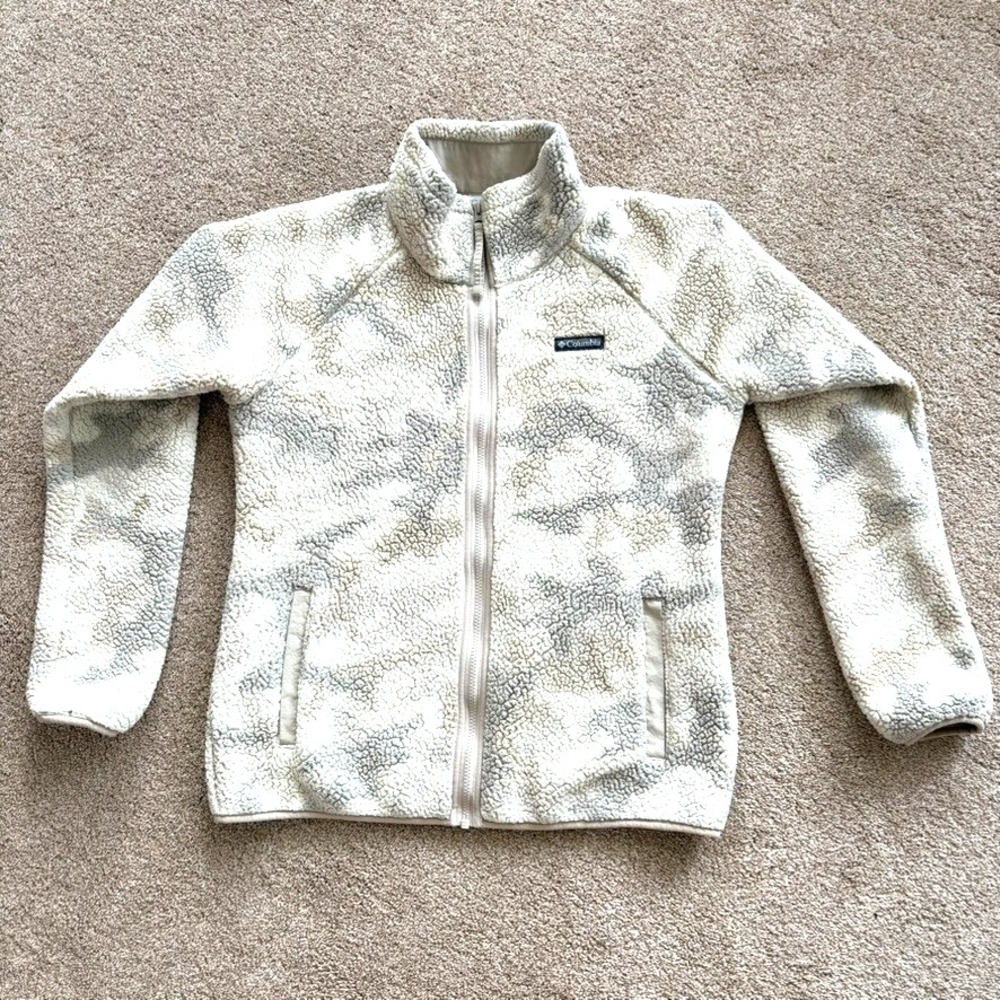 Columbia Women's Medium Sherpa Fleece Jacket Beige Gray‎ Camo Full Zip Warm Soft